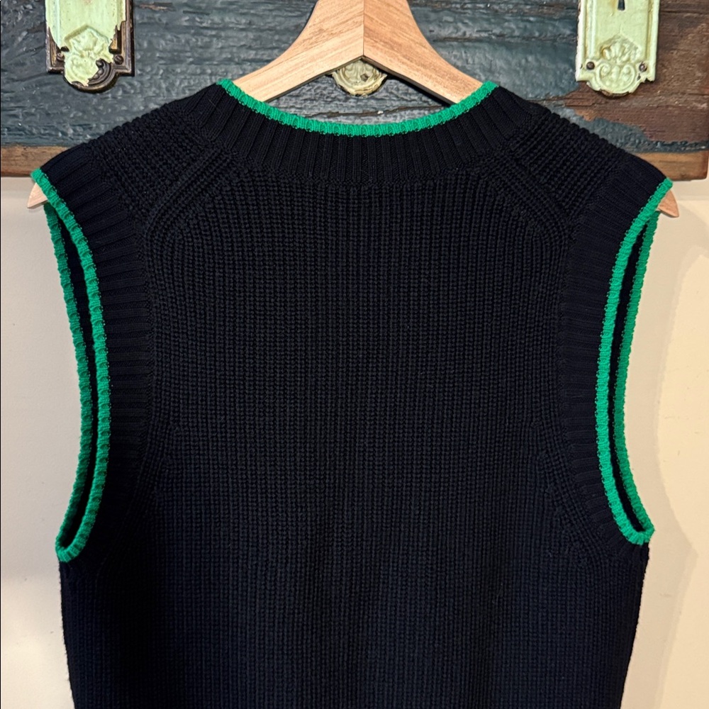 Babaton Sherman Black Knit V-Neck Sleeveless Relaxed Fit Sweater with Green Trim - Picture 10 of 16